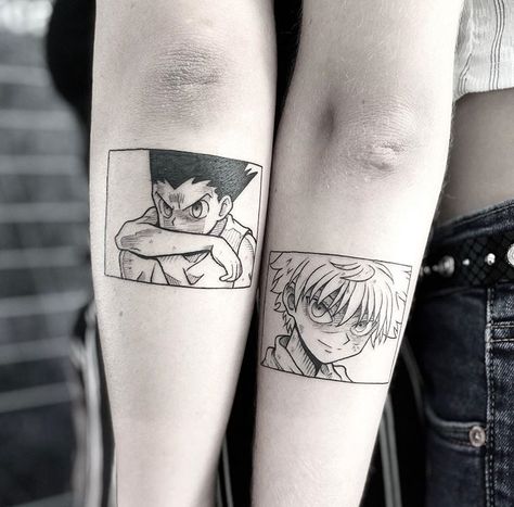 Matching Tattoos For Best Friends Anime, Anime Friend Tattoos, Anime Best Friend Tattoos, Best Friend Tattoos Anime, Best Friend Anime Tattoos, One Piece Matching Tattoos, Hunter Hunter Tattoo Ideas, Hxh Matching Tattoos, Anime Wrist Tattoo