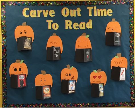 Halloween YA bulletin board   Carve Out Time to Read 10/16 Fall Literacy Bulletin Board Ideas, Carve Out Time For Reading, Halloween Reading Bulletin Board Ideas, Fall Bulletin Board Ideas Upper Elementary, Fall In Love With A Good Book Bulletin Board, Halloween Book Bulletin Board, Fall Ela Bulletin Board, Fall Library Bulletin Boards High School, October Library Bulletin Board Ideas