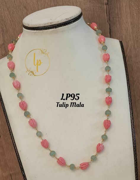 Tulip Beads Jewellery, Dholki Beads, Tulip Beads, Pearls Chains, Indian Wedding Jewelry Sets, Coral Design, Beaded Necklace Designs, Pearl Bridal Jewelry, Black Beaded Jewelry