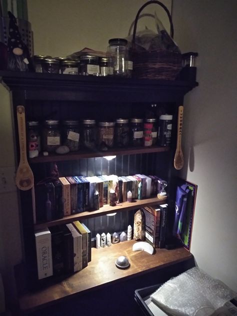 My shelf of herbs and tarot decks Tarot Display Ideas, Tarot Deck Display Ideas, Tarot Card Organization, Witch Herb Storage, Tarot Deck Storage, Tarot Organization, Tarot Room Decor, Tarot Deck Aesthetic, Lazy Witch