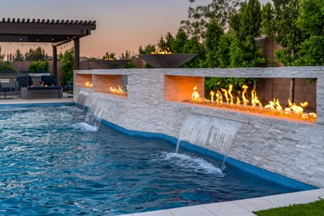 Outdoor Hotel Design, Modern Pool Waterfall, Swimming Pool Tiles Ideas, Pool Tiles Ideas, Swimming Pools Kendrick Lamar, Pool With Fireplace, Pool Designs Modern, Kendrick Lamar Swimming Pools, Modern Pool Design