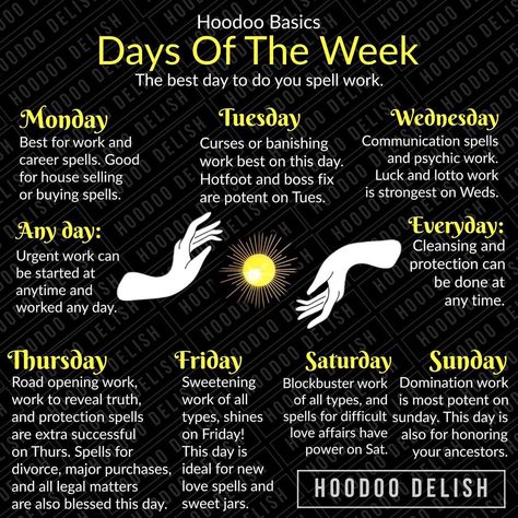 Ms Avi on Instagram: “~*~ HOODOO BASICS: DAYS OF THE WEEK ~*~ What day should you work you spell? Here’s a handy chart! #spells #magick #daysoftheweek…” Money Spells Magic, Wicca Recipes, Hoodoo Magic, Hoodoo Spells, Good Luck Spells, Spells For Beginners, Easy Spells, Purple Moon, Luck Spells