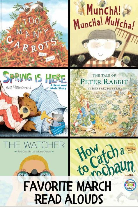 Spring Books For Kindergarten, March Books For Kids, Spring Read Alouds Kindergarten, March Library Activities, March Reading Month Ideas, March Read Alouds, Kindergarten Read Alouds, Read Alouds For Kindergarten, Spring Read Alouds