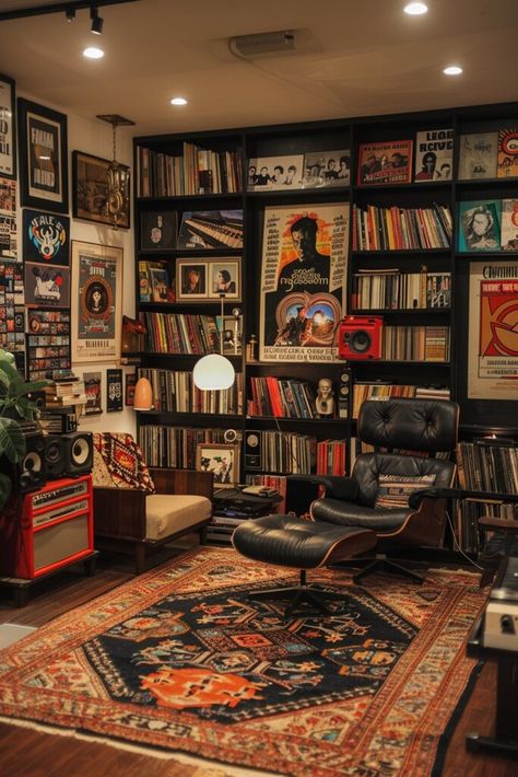 Subterranean Music Lounge Music Studio Home Ideas, Interior Design Music Room, Home Studio Inspiration, Retro Music Studio, Vinyl Listening Room, Music Library Room, Retro Lounge Room, Music Lounge Room Ideas, Home Music Studio Aesthetic