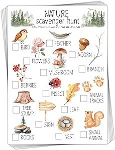 bxtala 30 Pcs Nature Scavenger Hunt Cards, Find and Seek Camping Sheets, Woodland Themed Holiday Party Game Outdoor Activity for Family Friend -01 Cabin Activities, Woodland Activities, Activity For Family, Holiday Party Game, Nature Scavenger Hunt, Fox Birthday, Holiday Party Games, Tree Signs, Animal Tracks