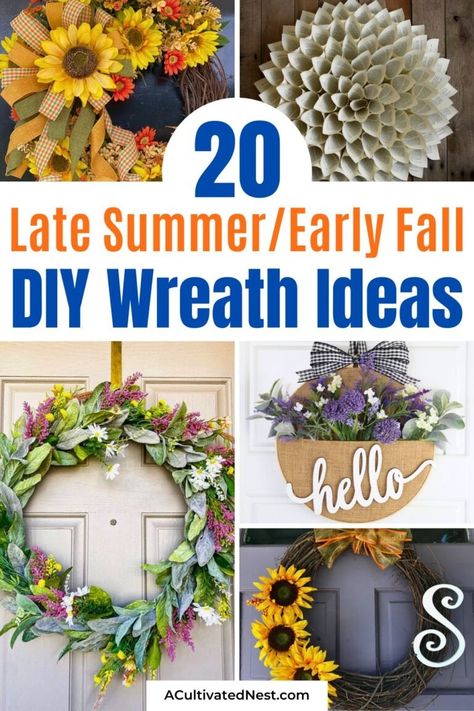 20 Beautiful Late Summer DIY Wreaths- Looking for the perfect late summer wreath? Check out our list of DIY wreaths that capture the beauty of the season. Easy to make and absolutely gorgeous, these wreaths will bring a touch of summer warmth to your home! | summer decor, fall wreath, summer wreath, #diyProjects #wreaths #crafts #lateSummerDecor #ACultivatedNest August Wreath, Wood Flower Wreath, Wreaths Crafts, Cotton Boll Wreath, Picture Frame Wreath, Diy Floral Wreath, Easy Wreaths, Diy Fall Wreath, Diy Wreaths