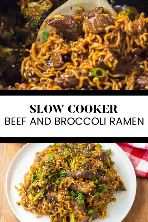 Two image collage of slow cooker beef and broccoli ramen. The first image shows the ramen in the slow cooker with a wooden spoon. The second image shows the ramen on a plate. Beef And Broccoli Ramen, Slow Cooker Beef And Broccoli, Slow Cooker Beef Broccoli, Broccoli Ramen, Crockpot Beef And Broccoli, Slow Cooker Broccoli, Better Than Takeout, Beef And Broccoli, Fry Sauce