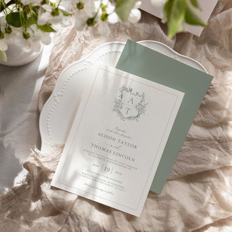 Formal Crest Sage Green Monogram Wedding Invitation Calligraphy Simple, Casual Wedding Invitations, Wedding Announcement Cards, Traditional Invitation, Formal Wedding Invitations, Monogram Wedding Invitations, Sage Green Wedding, Green Wedding Invitations, Minimalist Wedding Invitations