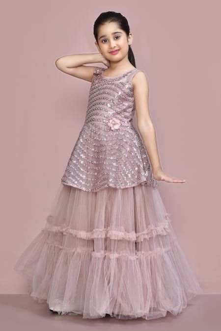 Buy Purple Net Embroidered Sequins Ruffle Gown For Girls by Samyukta Singhania Online at Aza Fashions. Kids Party Frocks, Fat Cartoon Characters, Long Frocks For Girls, Fat Cartoon, Frock Designs For Girl, Ruffled Gown, Kids Blouse Designs, Girls Dresses Sewing, Ruffle Gown