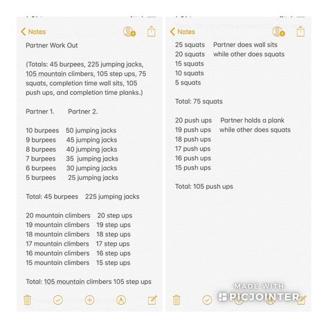 Burpees, jumping jacks, mountain climbers, step ups, squats, wall sits, push ups, planks Mountain Climbers Workout, Climbers Workout, Climber Workout, Mountain Climber Exercise, Step Ups, Wall Sits, Partner Work, Sit Ups, Mountain Climbers