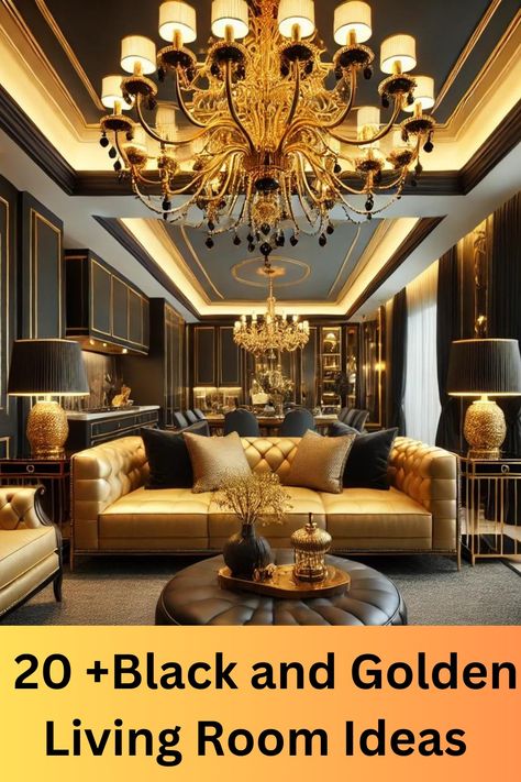 20+ Black and Golden Living Room Ideas That Will Transform Your Space Golden Living Room Ideas, Gold Sofa Living Room Ideas, Black And Gold Living Room Ideas, Black Sofa Decor Ideas, Black White And Gold Living Room, Black Sofa Decor, Golden Living Room, Black And Gold Living Room, Golden Coffee Table