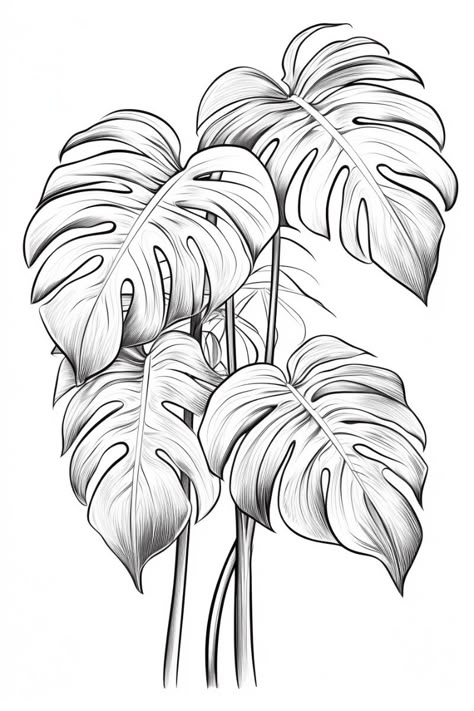 Dive into the intricate beauty of nature with this detailed sketch of a Monstera plant. Captured in delicate lines and patterns, this artwork reflects a love story between the artist and the lush greenery found in tropical rainforests. Inspired by countless walks through vibrant jungles, each leaf whispers secrets of resilience and growth. Elevate your space with this stunning representation of nature's artistry. #Monstera #BotanicalArt #PlantSketch #NatureLovers #ArtInspiration #TropicalVibes #HomeDecor Jungle Leaf Drawing, Jungle Plants Tattoo Design, Art Line Drawing Ideas, Monstera Plant Outline, Monstera Leaf Sketch, Monstera Line Drawing, Drawing Monstera Leaf, Rainforest Flowers Drawing, Rainforest Plants Drawing