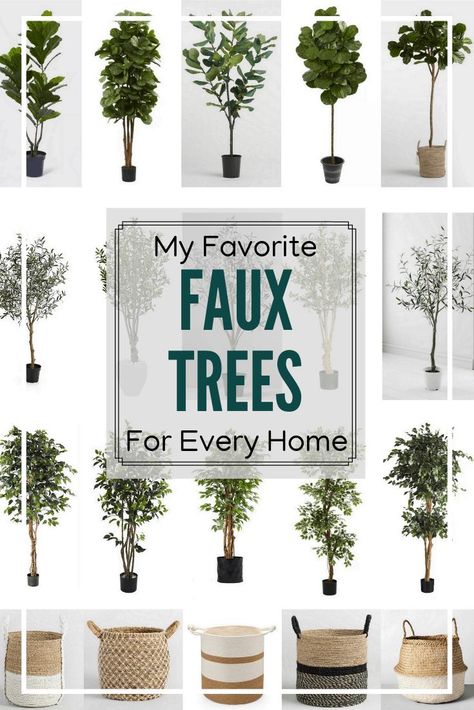 My Favorite Faux Trees for Every Home. A Roundup of Fiddle Leaf Fig Trees, Olive Trees, and Ficus Trees. Also baskets for faux trees. via @BrightGreenDoor Modern Farmhouse Artificial Tree, Indoor Plants Olive Tree, Fiddle Leaf Fig Tree Indoor Decor, Faux Rubber Tree, Living Room Tall Plant, Faux Fiddle Leaf Tree In Basket, Faux Tall Plants, Artificial House Plants Home Decor, Artificial Fig Tree