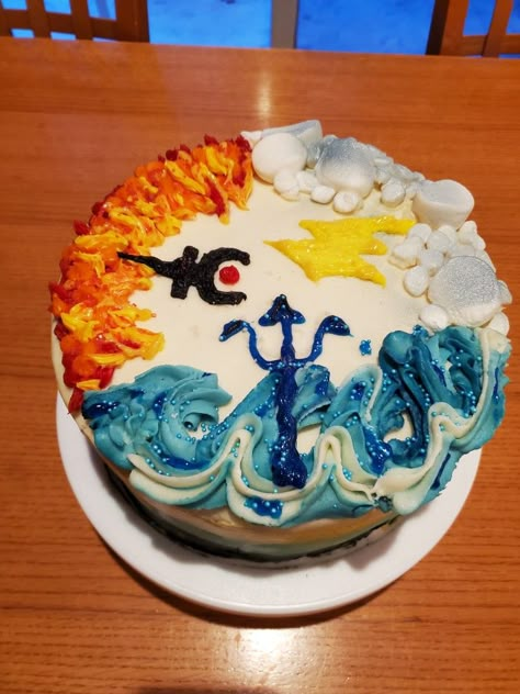 Zeus, Poseidon & Hades / Percy Jackson Greek Mythology Birthday Cake, Percy Jackson Cake Ideas, Percy Jackson Birthday Cake, Greek Mythology Cake, Percy Jackson Birthday Party Ideas, Percy Jackson Cake, Chase Birthday Party, Zeus Poseidon Hades, Percy Jackson Birthday Party