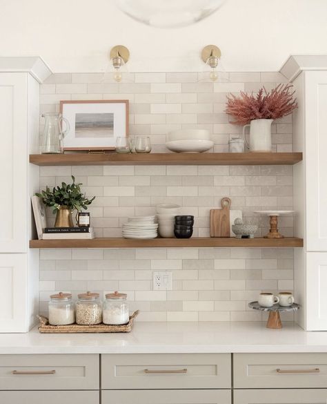 Small Open Shelves Kitchen, Kitchen Rugs Sink, Kitchen Shelf Styling, Quartzite Counters, No Upper Cabinets, Island Seating, Kitchen Floating Shelves, Kitchen Shelf Decor, Floating Shelves Kitchen