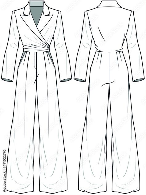 Women Notch Collar Weight Leg Jumpsuit, Peak Lapel Collar Jumpsuit Front and Back View. Fashion Illustration, Vector, CAD, Technical Drawing, Flat Drawing. Stock Vector | Adobe Stock Pant Drawing, Flats Sketches, Sketch Fashion Illustration, Lukisan Fesyen, Jumpsuit Design, Fashion Illustration Tutorial, Sketch Fashion, Fashion Design Template, Fashion Design Sketch