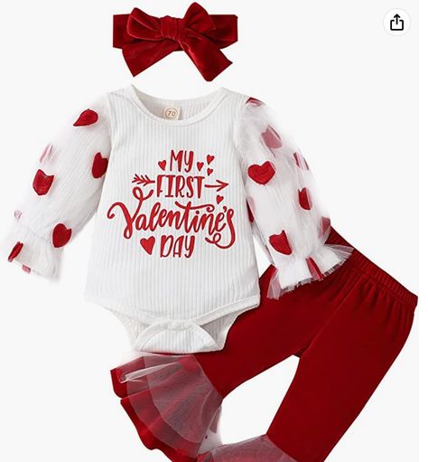 Long Sleeve Ruffle Love Heart Print Romper+Flared pants My First Valentines Day, Girls Valentines Outfit, Valentines 2023, Baby Valentines, Bell Bottoms Outfit, First Valentines Day, Valentines Day Baby