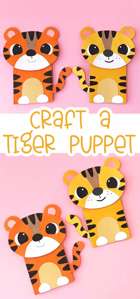 Paper Bag Tiger Puppet Puppet Animals Crafts, Tiger Paper Bag Puppet, Crafts Using Paper Bags, How To Make A Puppet Out Of Paper, Tiger Crafts For Preschool, Wild Animals Craft, Tiger Crafts For Kids, Tiger Paper Craft, Tiger Puppet