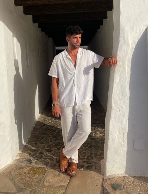 Linen Beach Outfits Men, White Linen Pants Outfit, Baseball Jacket Outfit, Mens Linen Outfits, Aesthetic Male Outfits, Masculine Outfits, Beach Outfit Men, Birkenstock Outfit, Europe Travel Outfits