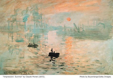 This famous painting, Sunrise ,was painted by Claude Monet. He displayed it at a Paris art show and because of the patchy texture, it caused one critic to call the whole show impressionist, which gave the movement it's name. Famous Watercolor Paintings, Monet Impression, Impression Sunrise, French Impressionist Painters, Impressionism Monet, Lucian Freud, Claude Monet Paintings, Claude Monet Art, Sunrise Painting