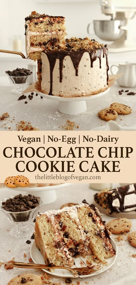 tall Pinterest pin of vegan cookie cake. Vegan Chocolate Chip Cake, Vegan Cookie Cake, Organic Cake Recipe, International Cookies, Chocolate Chip Cake Recipe, Vegan Cookie, Chocolate Chip Cookie Cake, Vegan Caramel, Cookie Cake Birthday