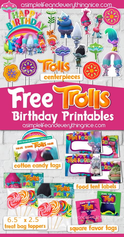 Free Trolls Birthday Party Printables - A Simple Life and Everything Nice Trolls Birthday Party Printables Free, Trolls Birthday Activities, Trolls Party Centerpieces, Trolls Dance Party, Trolls Printables Free, Trolls 2 Birthday Party Ideas, Trolls Birthday Shirt, Diy Trolls Birthday Party Decorations, Trolls Photoshoot Ideas