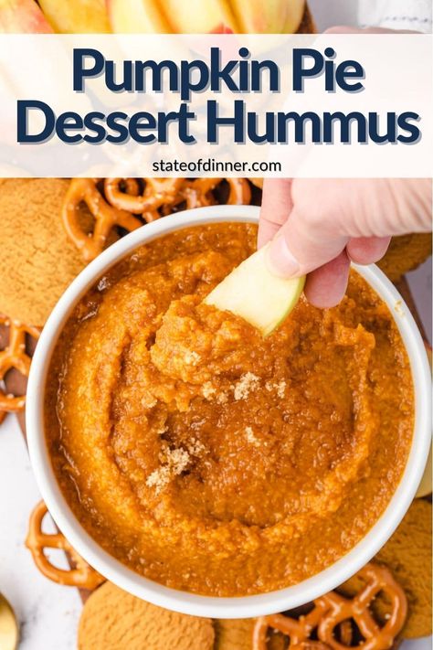 This sweet Pumpkin Pie Hummus is so easy to make, in just 5 minutes it will be ready to serve! Add your favorite fruit, crackers, and cookies for dipping. It's a sweet treat any pumpkin lover will devour! It's perfect for charcuterie trays, fall appetizers, tailgating, Halloween, and Thanksgiving dinners! Pumpkin Spice Hummus Recipe, Dessert Hummus Healthy, Pumpkin Pie Hummus, Dessert Hummus Recipe, Easy Hummus Recipe, Dessert Hummus, Fall Fun Food, Pumpkin Hummus, Seasonal Desserts