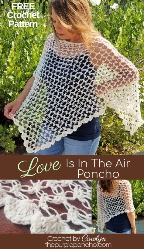 Crochet this Love Is In The Air Poncho, a free crochet pattern on The Purple Poncho blog. Includes crochet stitch video tutorial on the love knot stitch aka Solomon's Knot.  #thepurpleponcho #crochetponcho #loveknot Crochet Exercise, Knot Stitch, Poncho Patterns, American Crochet, Lace Poncho, Crochet Poncho Free Pattern, Creative Crochet, Crochet Poncho Patterns, Crochet Shawls