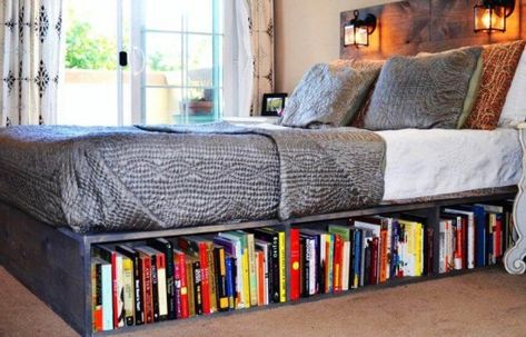 Diy Bookshelf Bed Frame, Bookshelf Bed Frame, Build A Bookshelf, Pallet Deck Diy, Shoe Storage Small Space, Bookshelf Bed, Diy Storage Bench, Space Apartments, Diy Bed Frame