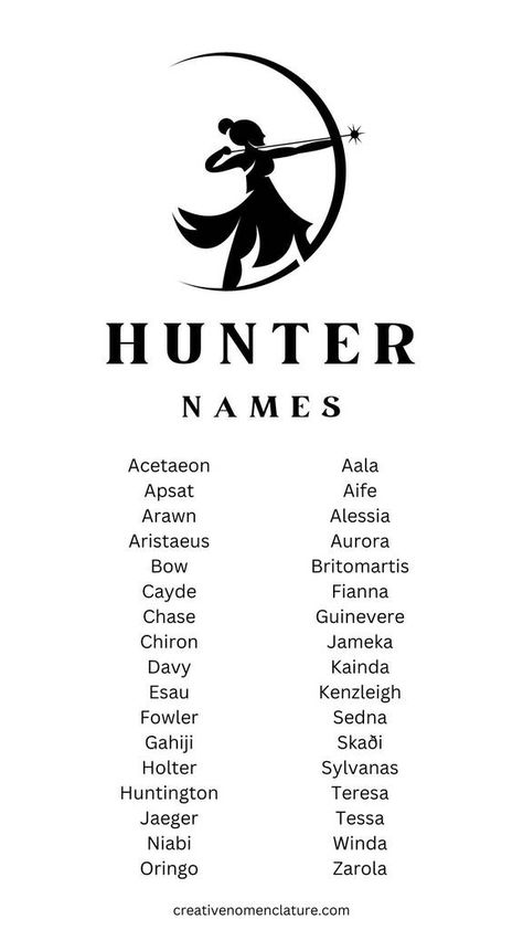 145 Names That Mean Hunter (Hunter Names) For Boys & Girls Names For Assassins, Book Character Last Names Ideas, Cool Names For Characters, Name For Characters, Superhero Names Ideas, Kingdom Names Ideas, Character Names With Meanings, Character Last Names, Spirit Names