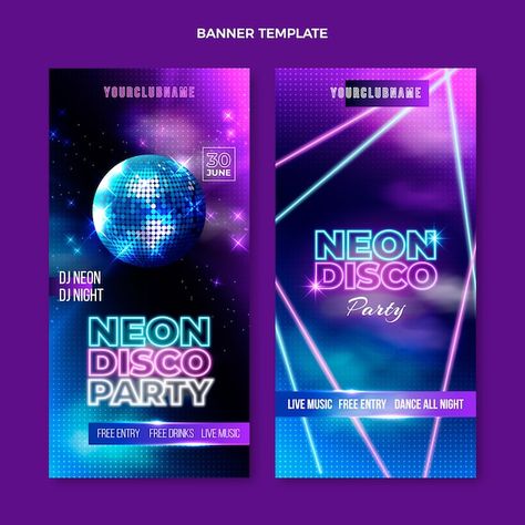 Free vector realistic neon disco party v... | Free Vector #Freepik #freevector #disco-party #party-theme #party-banner #fun-banner Disco Graphic Design, Disco Food, Neon Disco Party, Disco Banner, Disco Poster, Neon Disco, Disco Night, Disco Theme, Facebook Banner