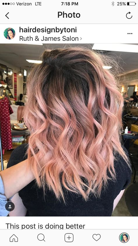 Peach Bayalage Hair, Peach Pink Hair Highlights, Peach Blonde Hair Short, Peach Hair With Dark Roots, Peach Colour Hair, Peach Balayage Brunette, Apricot Blonde Hair, Peach Balayage, Apricot Hair