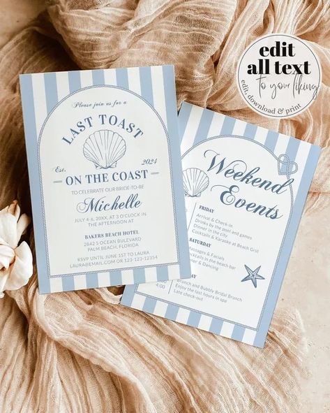 Get ready to set sail for a nautical bachelorette weekend with our beautifully crafted handwritten invite and itinerary templates. Whether it's a beach bash in the Hamptons or a last disco on the coast, this easy-to-edit download will make your girls' trip unforgettable. Miami, Charleston - get ready to toast on the coast!⁣ ⁣ ⁣ #bacheloretteparty #lasttoast #bachelorettemiami #bachelorette #coastalbach #beachbach #nauticalbachelorette #lasttoastoncoast #coastbachelorette Handwritten Invite, Coastal Bachelorette, Nautical Bachelorette, Toast On The Coast, Last Disco, Bachelorette Weekend Itinerary, Beach Bash, Bachelorette Invitation, Bachelorette Invitations