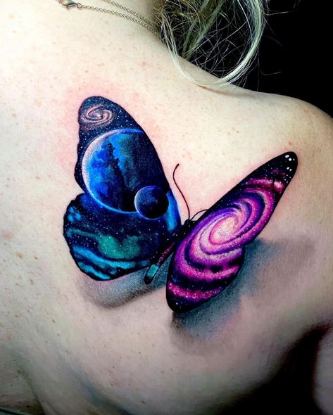 Galaxy Butterfly, Galaxy Butterfly Tattoo, Space Butterfly Tattoo, Tattoo Touch Up, Faith Tattoo Designs, Rip Tattoos For Mom, Kitten Tattoo, Tiny Heart Tattoos, Uv Tattoo