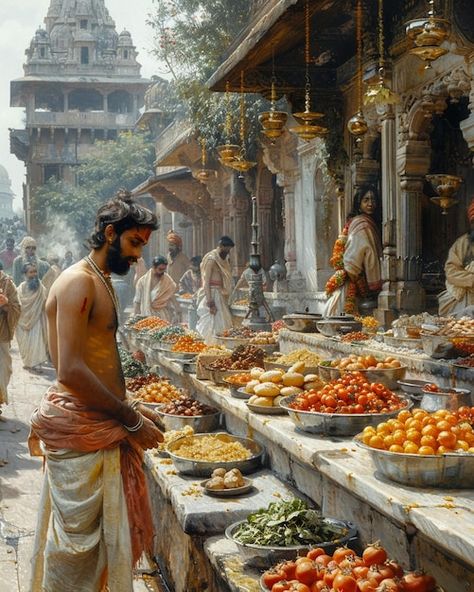 Indian Fantasy City, Indian Prince Aesthetic, Ancient India Aesthetic, Indian Fantasy Art, Ancient Marketplace, Nye 2025, Greek Buildings, Indian City, Village Market