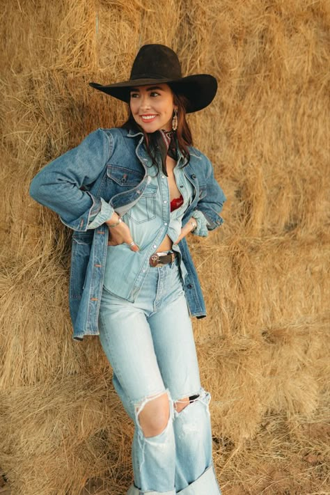 Double Denim Cowgirl, Cowgirl Studio Photoshoot, Cowgirl Boots Phot, Cow Girl Photoshoots, Denim Cowgirl, Western Photoshoot, Western Photography, Urban Cowboy, Country Women