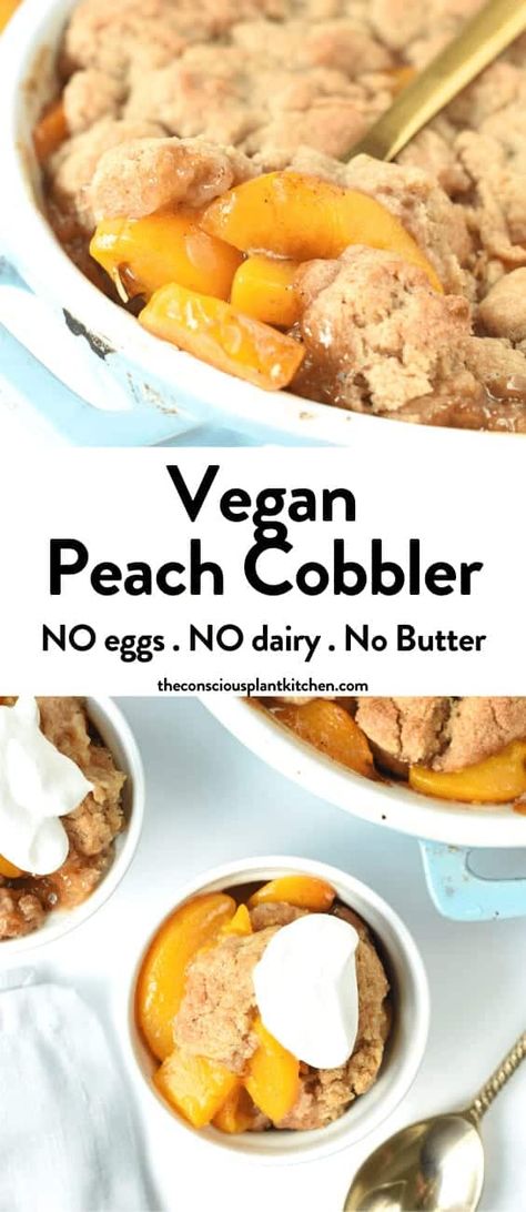 The BEST Vegan peach Cobbler recipe with sweet baked peaches topped with a crispy biscuit. Bonus, this vegan dessert is ready in 30 minutes for a quick family summer dessert. Vegan Cobbler, Healthy Peach Cobbler, Vegan Peach Cobbler, Gluten Free Peach Cobbler, Baked Peaches, Vegan Peach, Vegan Cookie, Baked Peach, Fruit Cobbler