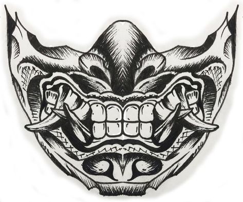 Tattoomaskjapan demon mask Oni Half Mask Drawing, Samurai Throat Tattoo, Oni Mask Hand Tattoos For Guys, Japanese Half Mask Tattoo, Japanese Mask Tattoo Traditional, Oni Mask Knee Tattoo, Menpo Mask Tattoo, Hanya Mask Hand Tattoo, Omni Mask Japanese Tattoo