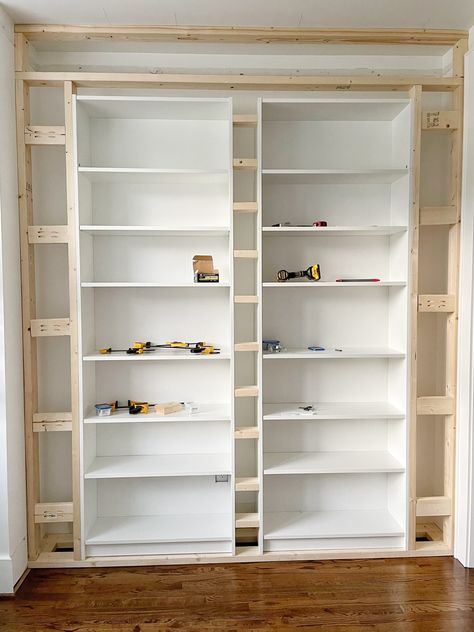 Bookcase Hack, Billy Ikea, Ikea Built In, Billy Bookcase Hack, Ikea Billy Bookcase Hack, Ikea Bookcase, Basement Inspiration, Ikea Bookshelves, Kids Basement