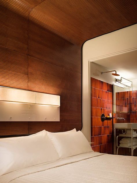 Tambour Wall Paneling And Ceiling Roman Williams, Faux Tin Ceiling, Faux Tin Ceiling Tiles, Flexible Wood, Roman And Williams, Standard Hotel, Wooden Ceilings, High Line, Wood Panel Walls