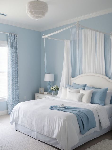 Blue And White Bedroom Aesthetic, Light Blue And White Bedroom, White Bedroom Aesthetic, White Canopy Bed, Light Blue Rooms, Blue And White Bedroom, Blue White Bedroom, Light Blue Throw Pillows, Light Blue Bedroom