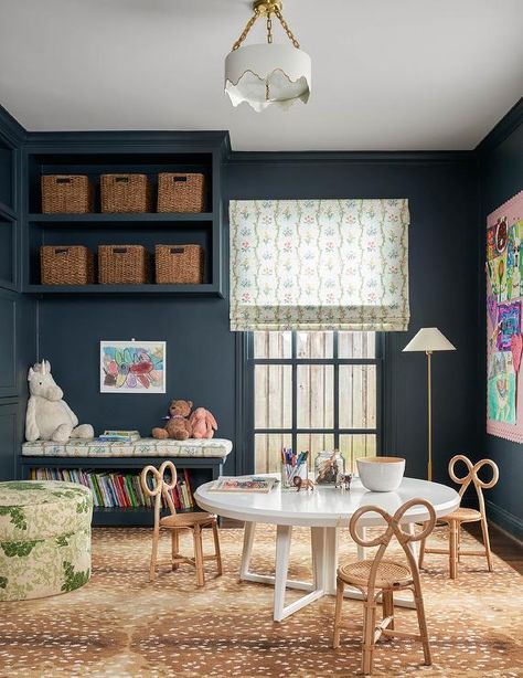 Playroom Lamp Ideas, Dark Wall Playroom, Navy Blue Playroom Ideas, Playroom Cabinet Organization, Dark Playroom Walls, Playroom Inspiration Modern, Traditional Playroom Ideas, Grand Millennial Playroom, Dark Blue Playroom