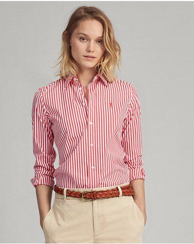 Pink Shirt Outfit Women Work, Pink Striped Shirt Outfit Work, Pink Striped Shirt Outfit, Red Striped Shirt Outfit, Polo Outfits For Women, Outfits With Striped Shirts, Kate Middleton Style Outfits, Ralph Lauren Store, Pink Striped Shirt