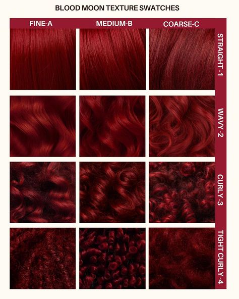 Which texture are you? 🌙  Blood Moon is our highly pigmented deep blood red that is non-damaging and deeply conditioning.  #redhair #hairtexture #haireducation #4chair #haircolor #hairdye #lunartideshair #lunartides #hairideas Blood Red Hair Color, Red Burgundy Hair Color, Blood Red Hair, Red Hair Dye, Lunar Tide, Crimson Hair, Dyed Red Hair, Hair Color Burgundy, Hair Dyes