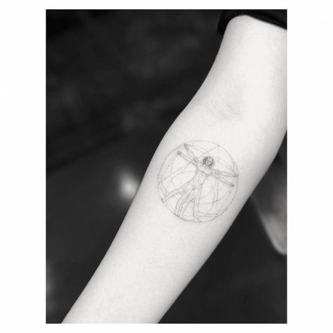 Single needle Vitruvian Man tattoo on the right inner forearm. Tattoo Artist: Dr. Woo Vitruvian Man Tattoo, Art Inspired Tattoos, Dr Woo, Man Tattoo, History Tattoos, Single Needle Tattoo, Vitruvian Man, Inner Forearm, Arm Tattoos For Guys