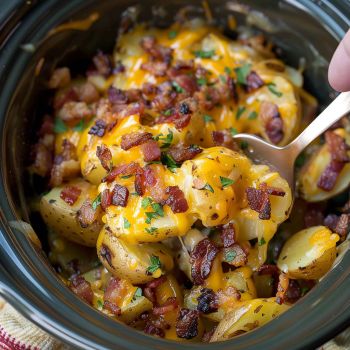 Easy Slow Cooker Cheesy Bacon Ranch Potatoes Crockpot Ranch Potatoes Slow Cooker, Crock Pot Ranch Potatoes, Crockpot Potato Recipes Slow Cooker, Heavenly Potatoes, Cheesy Bacon Ranch Potatoes, Bacon Cheese Potatoes, Potato Recipes Crockpot, Cheesy Ranch Potatoes, Zesty Ranch