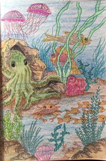 Under the Sea, colored pencil drawing, artist; glenda coley Under The Sea Drawing Pencil, Under The Sea Drawing, Under The Sea Drawings, Ocean Drawing, Sea Drawing, Drawing Ideas List, Sea Colour, Animal Drawing, Color Images