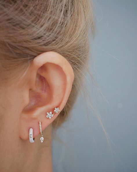 Diamond White Enamel Huggie Earring — EF Collection® Diamond Huggie Earrings, Daisy Bracelet, Flower Stud, Huggie Earrings, Diamond Rings Bands, Flower Studs, White Enamel, Huggies Earrings, Diamond Bands