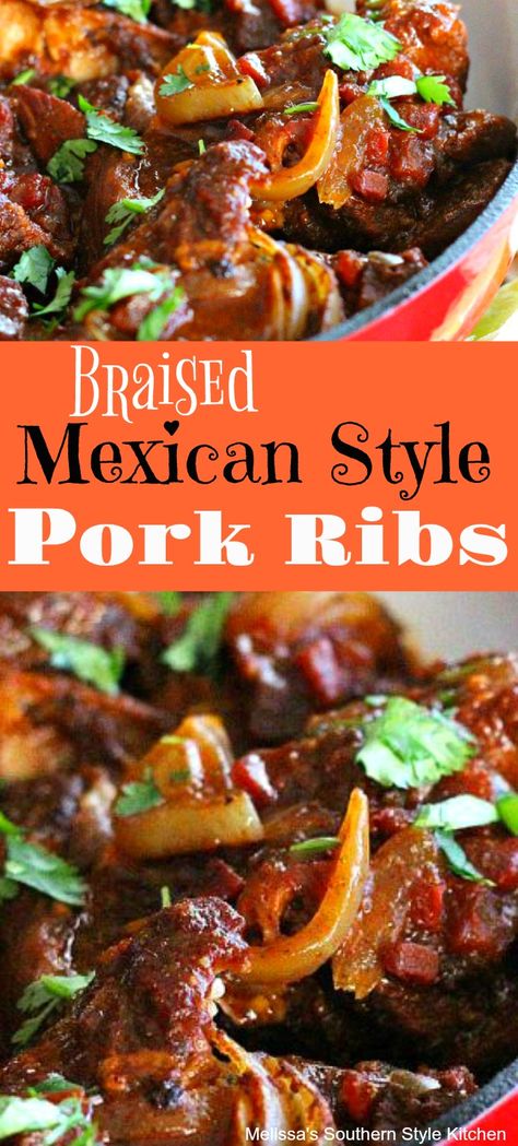 Short Ribs Recipe Mexican Style, Spanish Ribs Recipe, Mediterranean Pork Ribs, Country Style Pork Ribs Mexican, Pork Rib Dinner Ideas, Mexican Ribs Recipes, Braised Pork Ribs Recipe, Pork Shoulder Boneless Ribs, Pork Shoulder Ribs Recipes