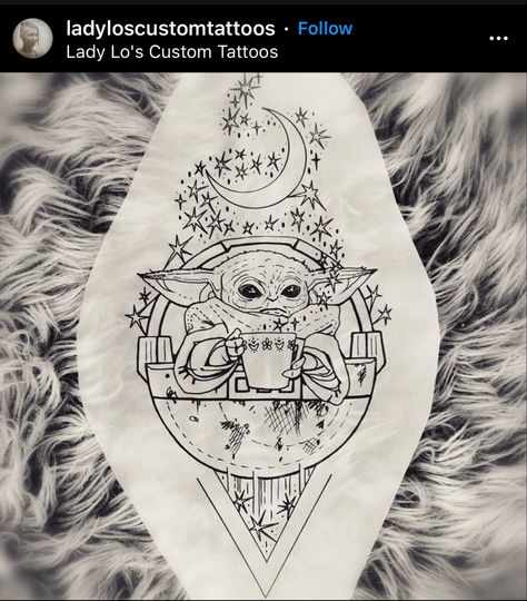 Grogu Tattoo Design, Grogu Tattoo, Baby Yoda Tattoo, Ewok Tattoo, Yoda Embroidery, Yoda Tattoo, Mandalorian Tattoo, Star Wars Art Drawings, Universe Tattoo